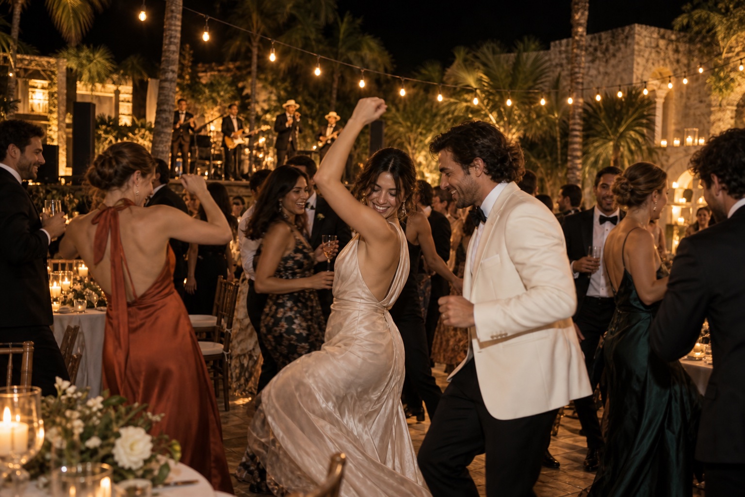 Invitados bailando en una celebración al aire libre.