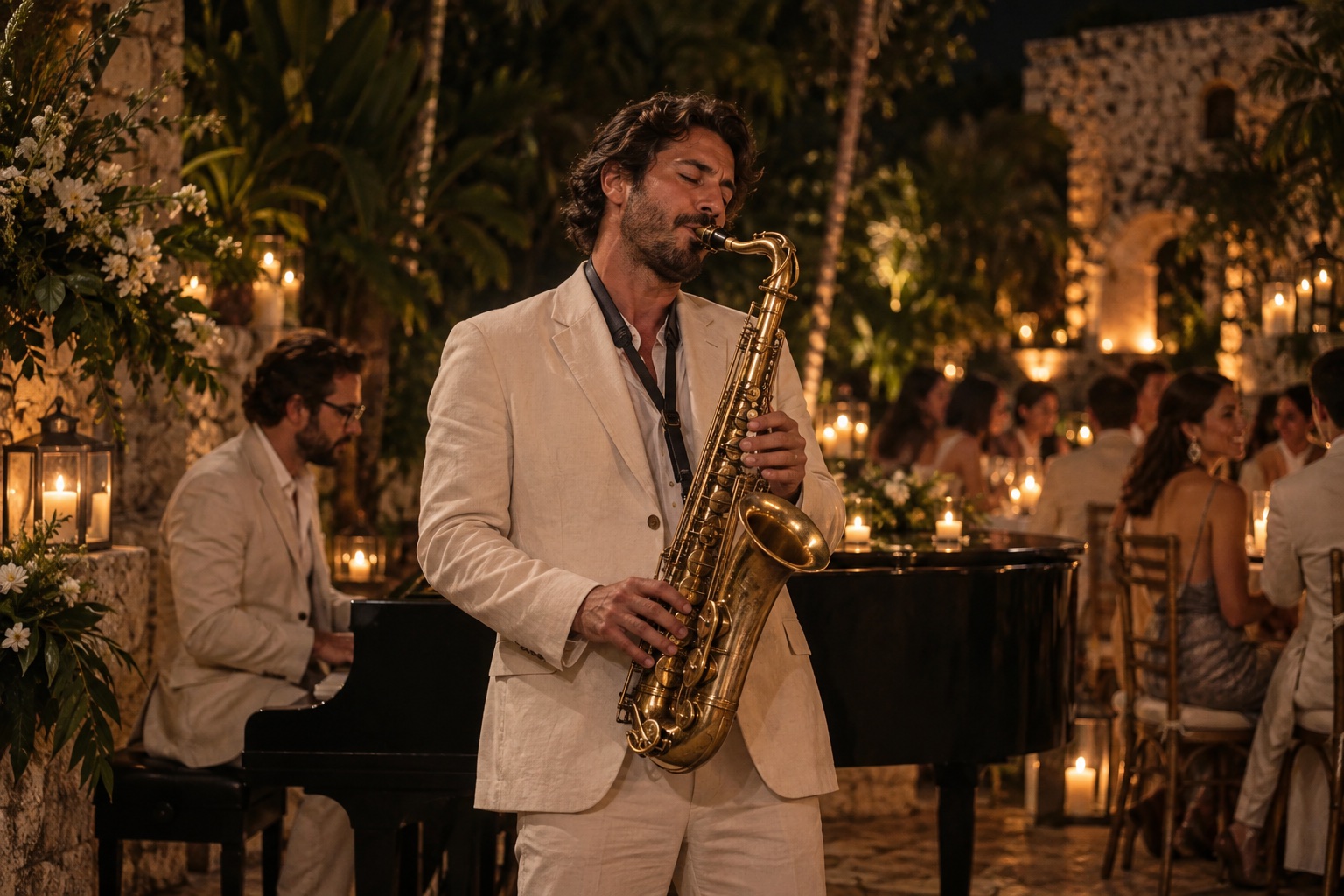 Saxofonista y músicos en una recepción iluminada con velas.